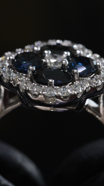 Sapphire & Diamond Cluster Halo Ring in White Gold | 2.90 CT Sapphire + .45 CTW Diamonds