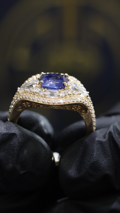 Sapphire & Diamond Halo Ring in Yellow Gold | .95 CT Sapphire + 1.47 CTW Diamonds