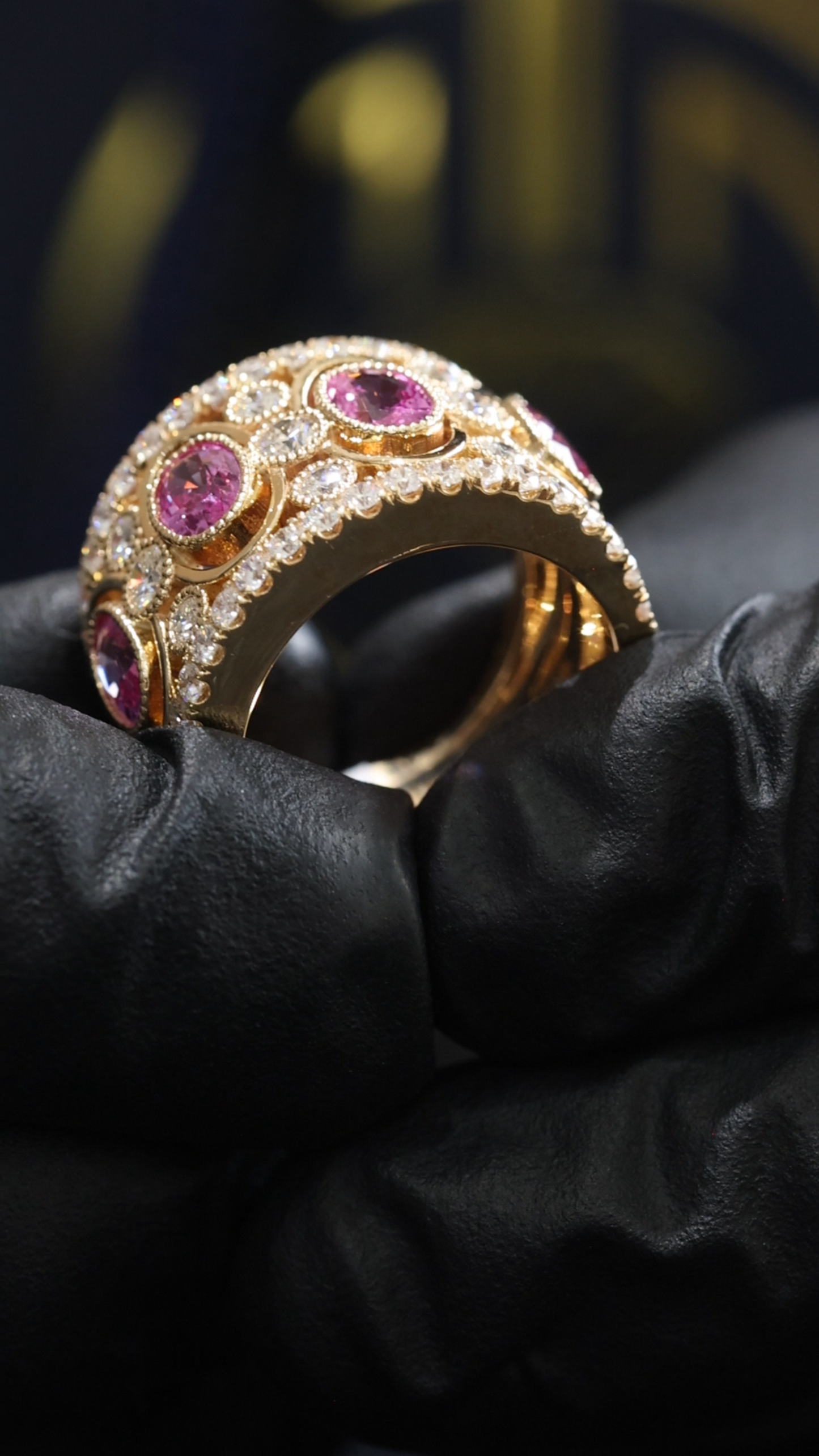 Imperial Pink Sapphire Mosaic Band in Yellow Gold | Multi-Oval Gemstone Diamond Ring