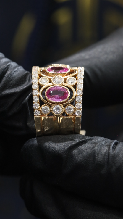 Imperial Pink Sapphire Mosaic Band in Yellow Gold | Multi-Oval Gemstone Diamond Ring