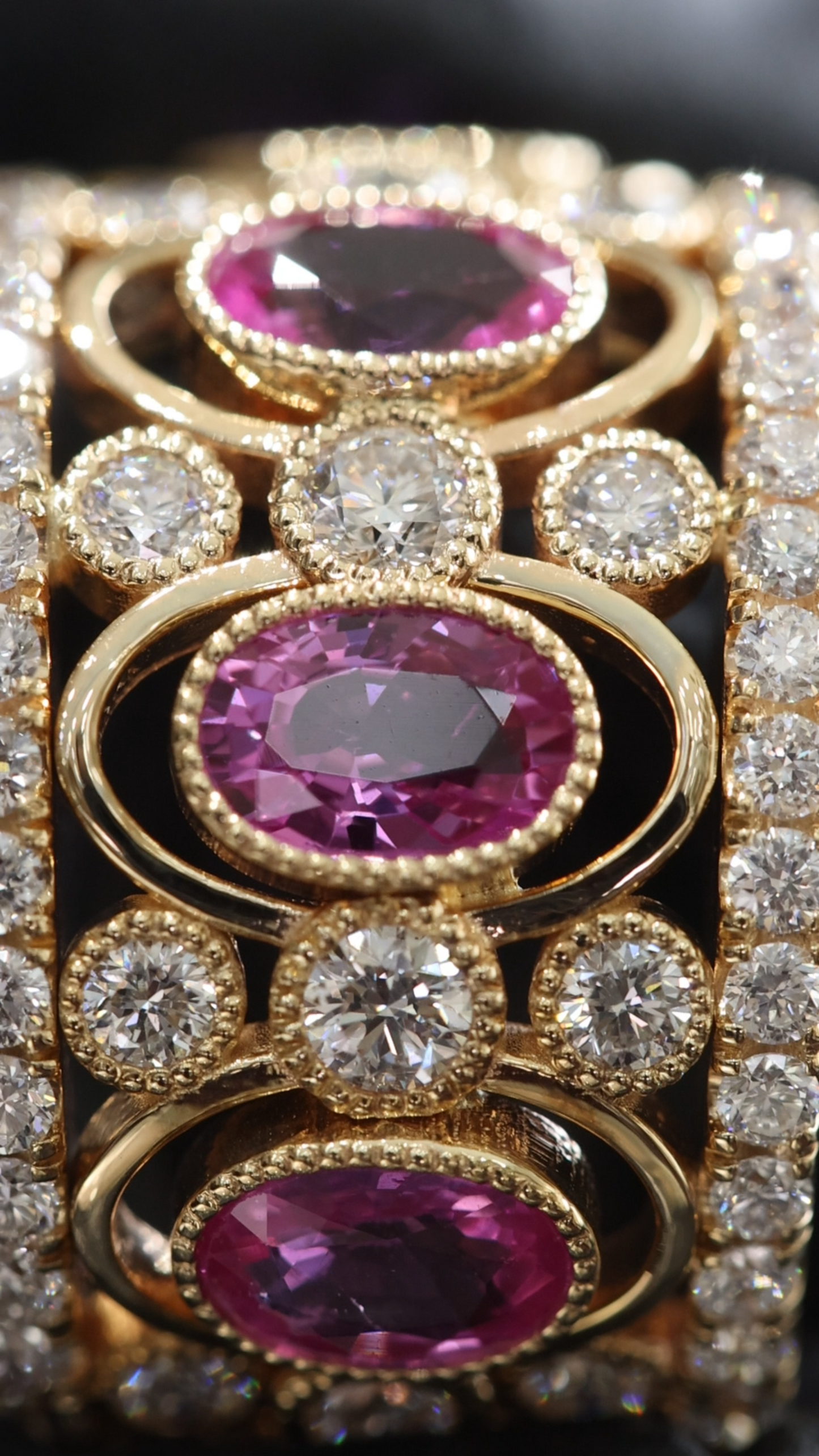 Imperial Pink Sapphire Mosaic Band in Yellow Gold | Multi-Oval Gemstone Diamond Ring