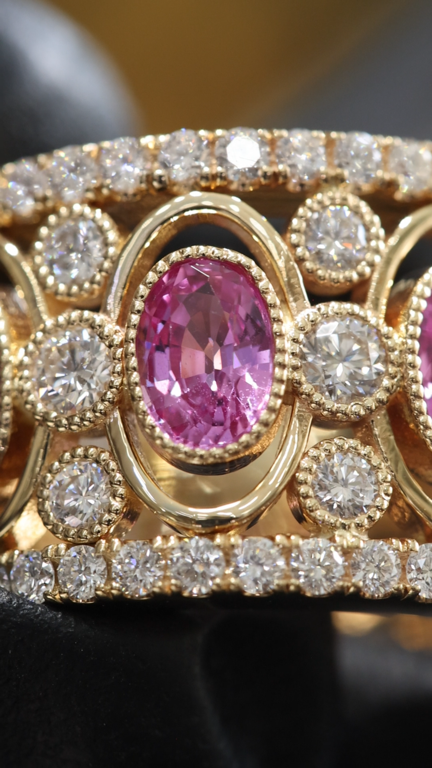 Imperial Pink Sapphire Mosaic Band in Yellow Gold | Multi-Oval Gemstone Diamond Ring