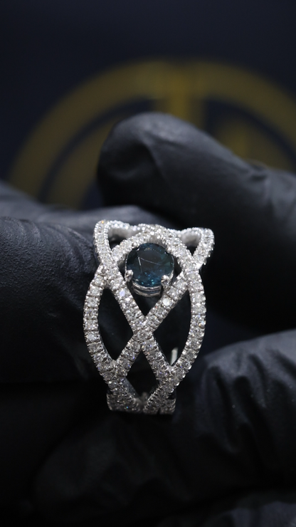 Sapphire & Diamond Crisscross Ring in White Gold | .55 CT Sapphire + .80 CTW Diamonds