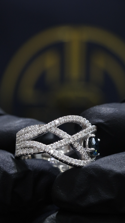 Sapphire & Diamond Crisscross Ring in White Gold | .55 CT Sapphire + .80 CTW Diamonds