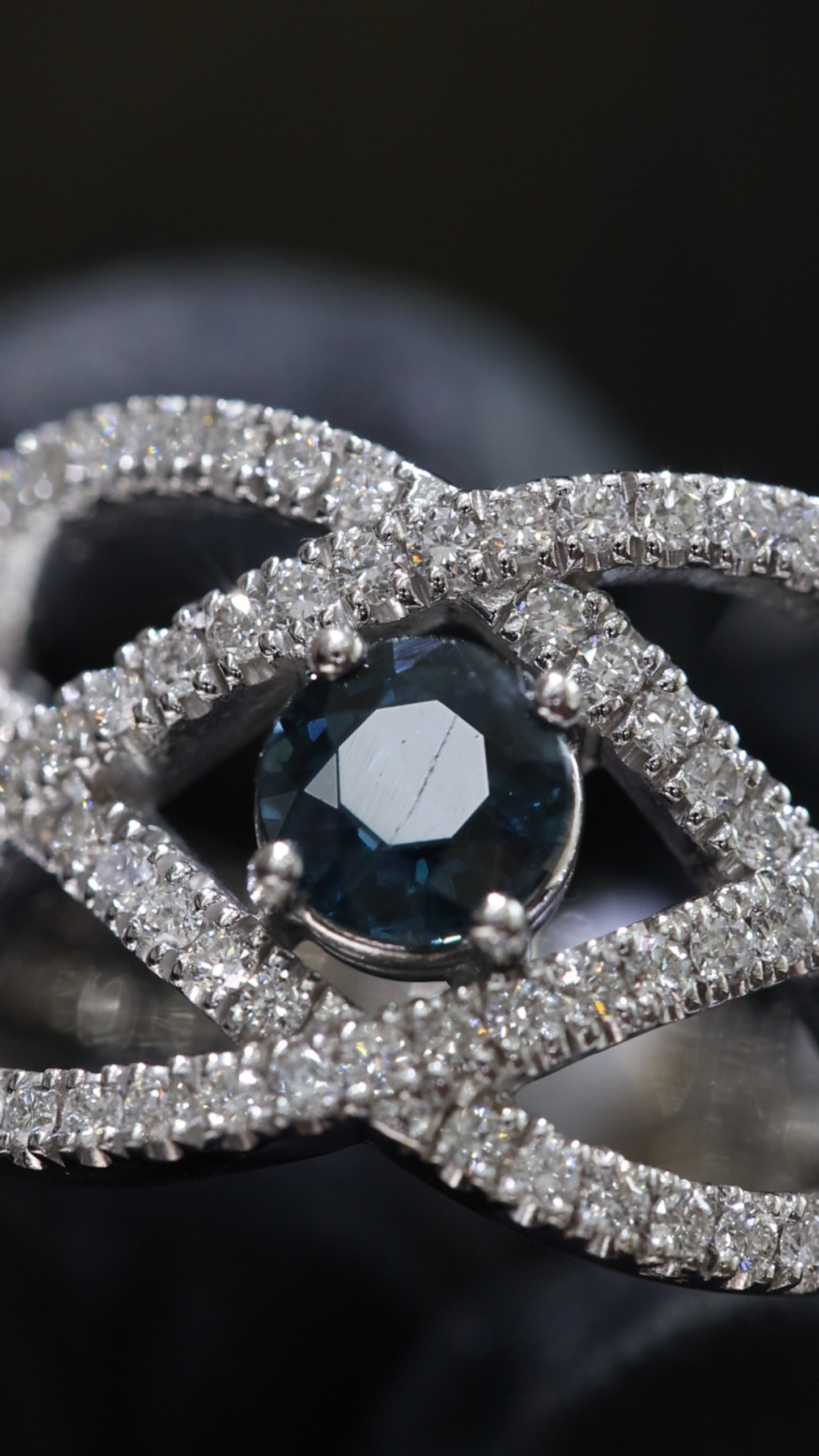 Sapphire & Diamond Crisscross Ring in White Gold | .55 CT Sapphire + .80 CTW Diamonds