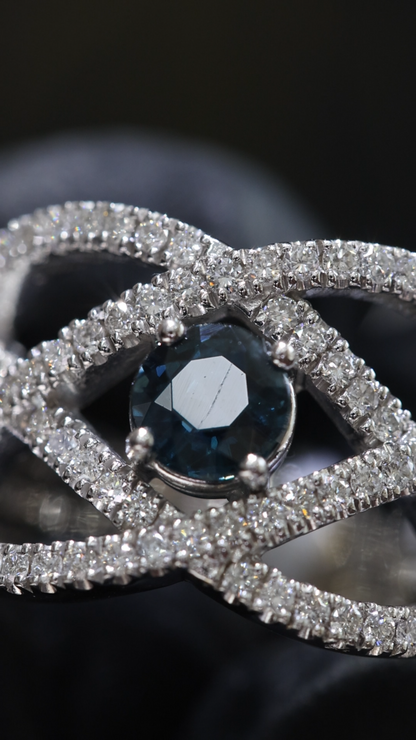 Sapphire & Diamond Crisscross Ring in White Gold | .55 CT Sapphire + .80 CTW Diamonds