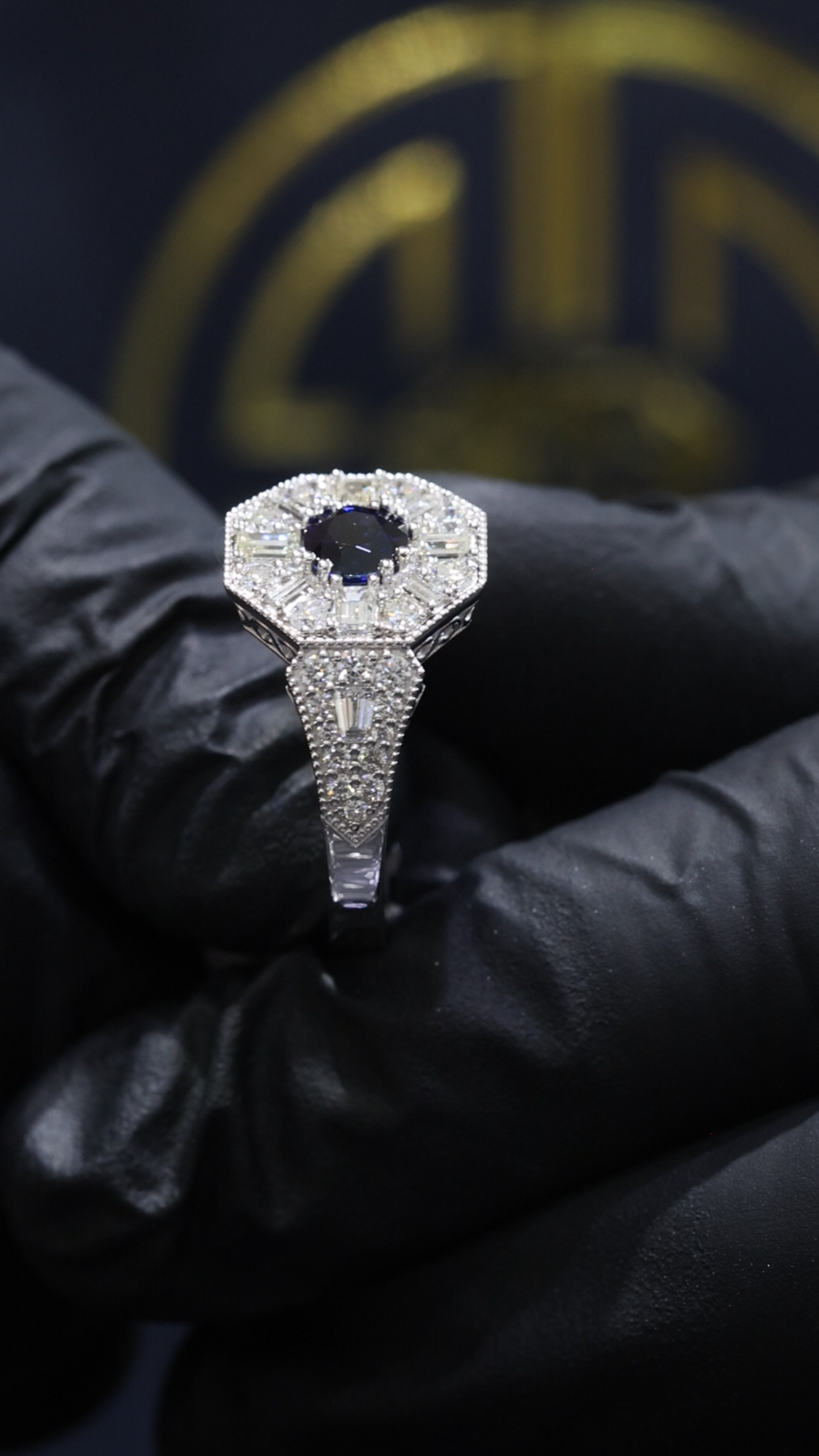 Midnight Hexagon Sapphire Ring in White Gold | Art Deco Baguette Diamond Halo
