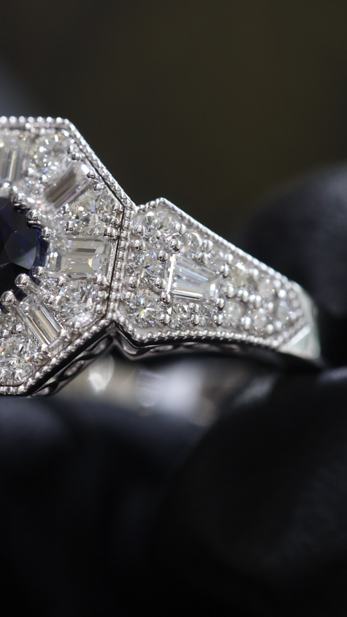 Midnight Hexagon Sapphire Ring in White Gold | Art Deco Baguette Diamond Halo