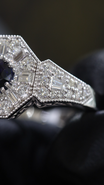 Midnight Hexagon Sapphire Ring in White Gold | Art Deco Baguette Diamond Halo