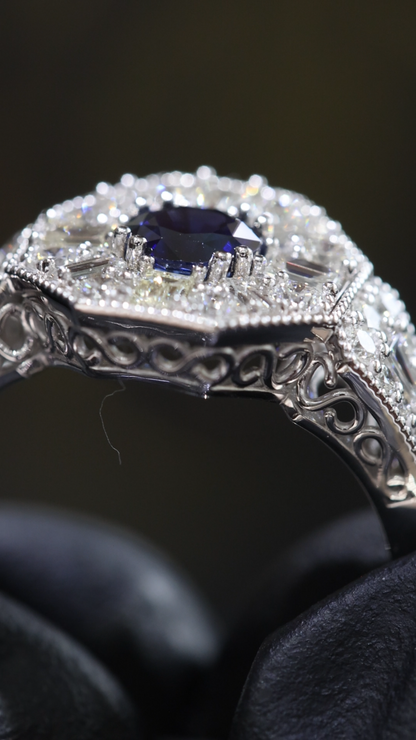 Midnight Hexagon Sapphire Ring in White Gold | Art Deco Baguette Diamond Halo
