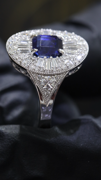 Sapphire & Diamond Halo Ring in White Gold | 1.25 CT Sapphire + 1.12 CTW Diamonds