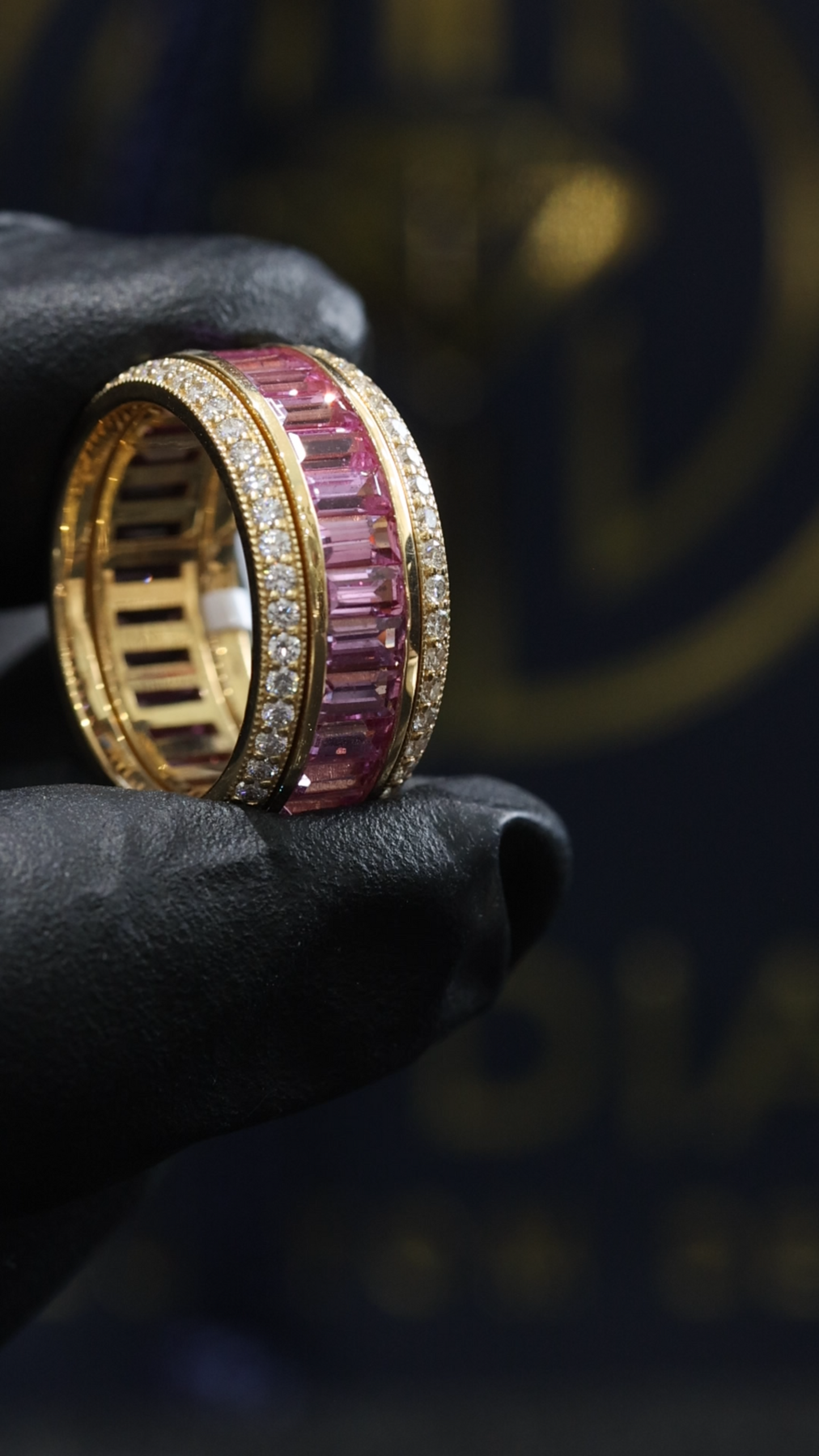 Pink Sapphire Baguette Eternity Band in White Gold | Diamond-Framed Channel Design