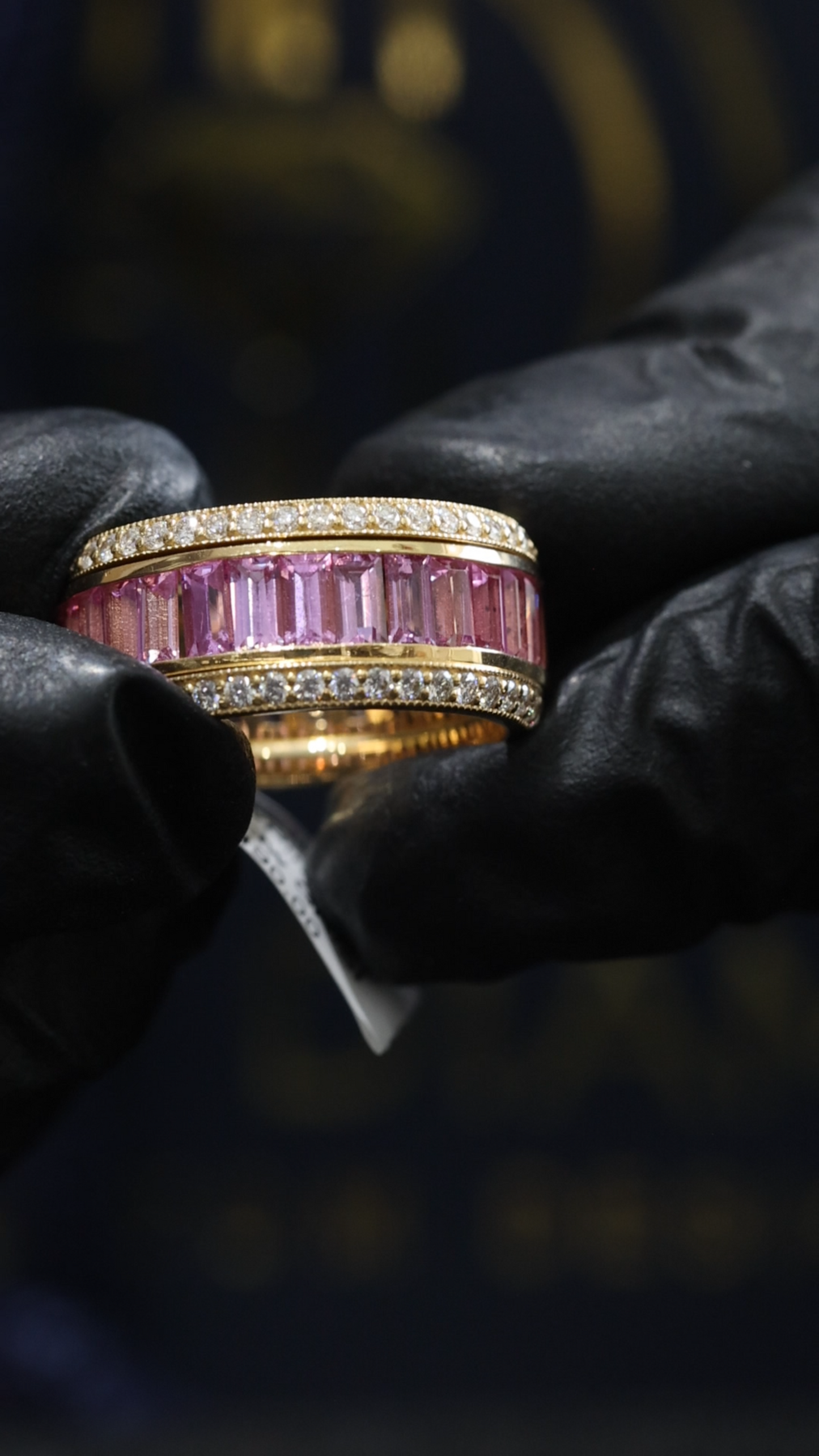 Pink Sapphire Baguette Eternity Band in White Gold | Diamond-Framed Channel Design