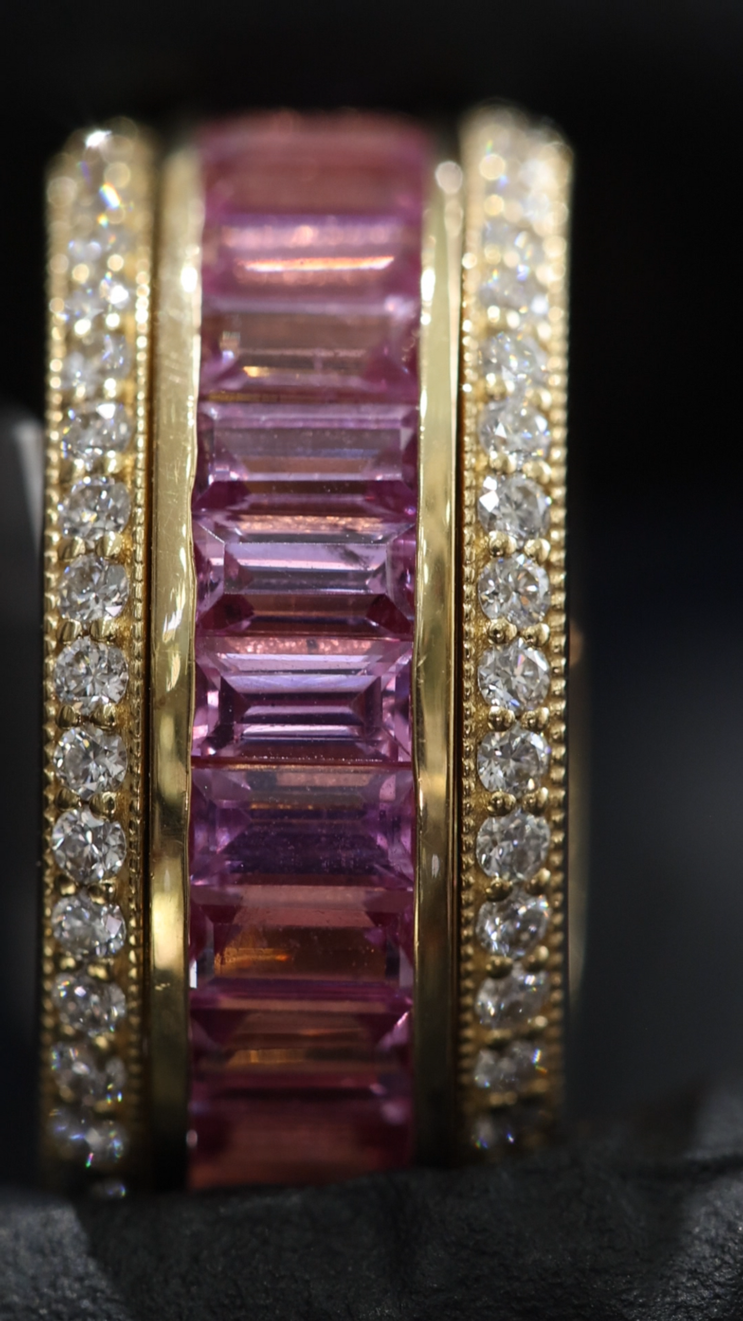 Pink Sapphire Baguette Eternity Band in White Gold | Diamond-Framed Channel Design