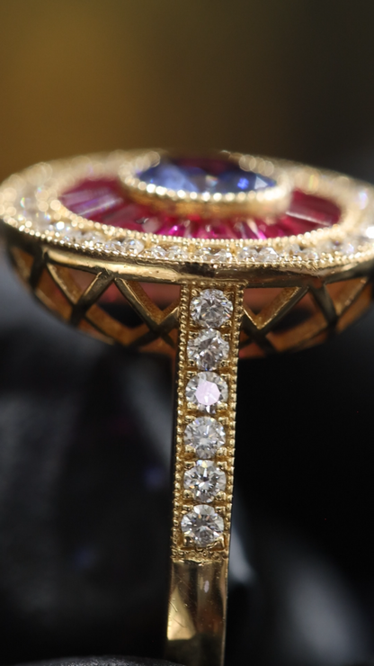Imperial Sapphire & Ruby Sunburst Halo Ring in Yellow Gold | Diamond-Accented Vintage Medallion Design
