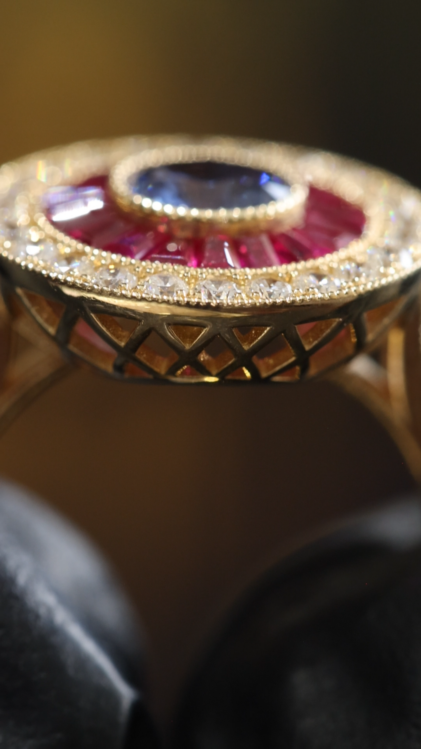 Imperial Sapphire & Ruby Sunburst Halo Ring in Yellow Gold | Diamond-Accented Vintage Medallion Design