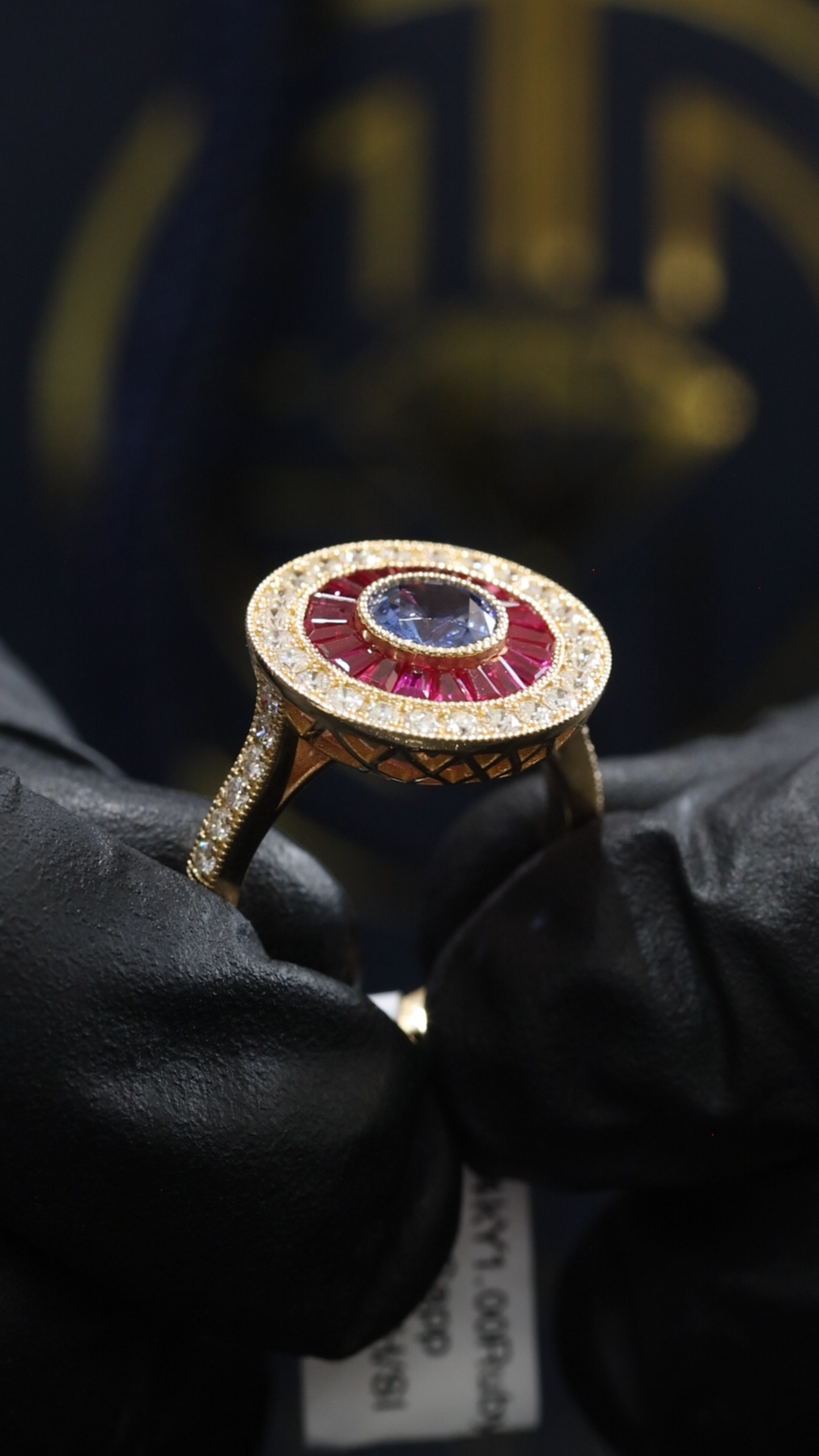 Imperial Sapphire & Ruby Sunburst Halo Ring in Yellow Gold | Diamond-Accented Vintage Medallion Design