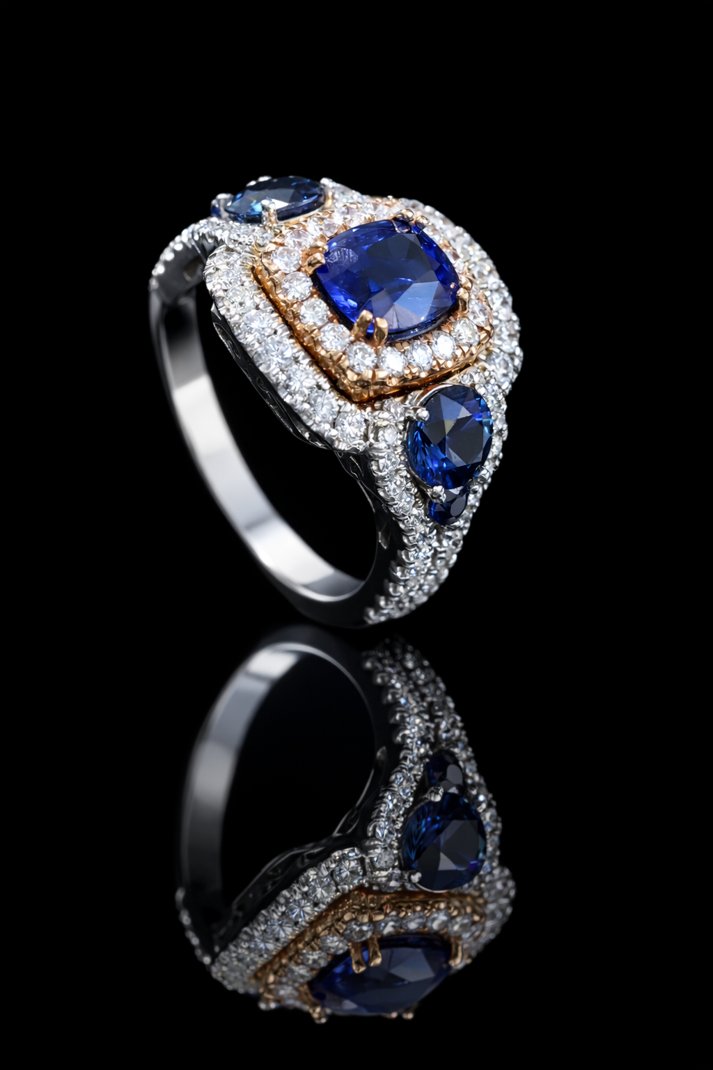 Natural Sapphire Double Halo Three-Stone Ring 2.8ct Rose & White Gold Houston Jeweler 