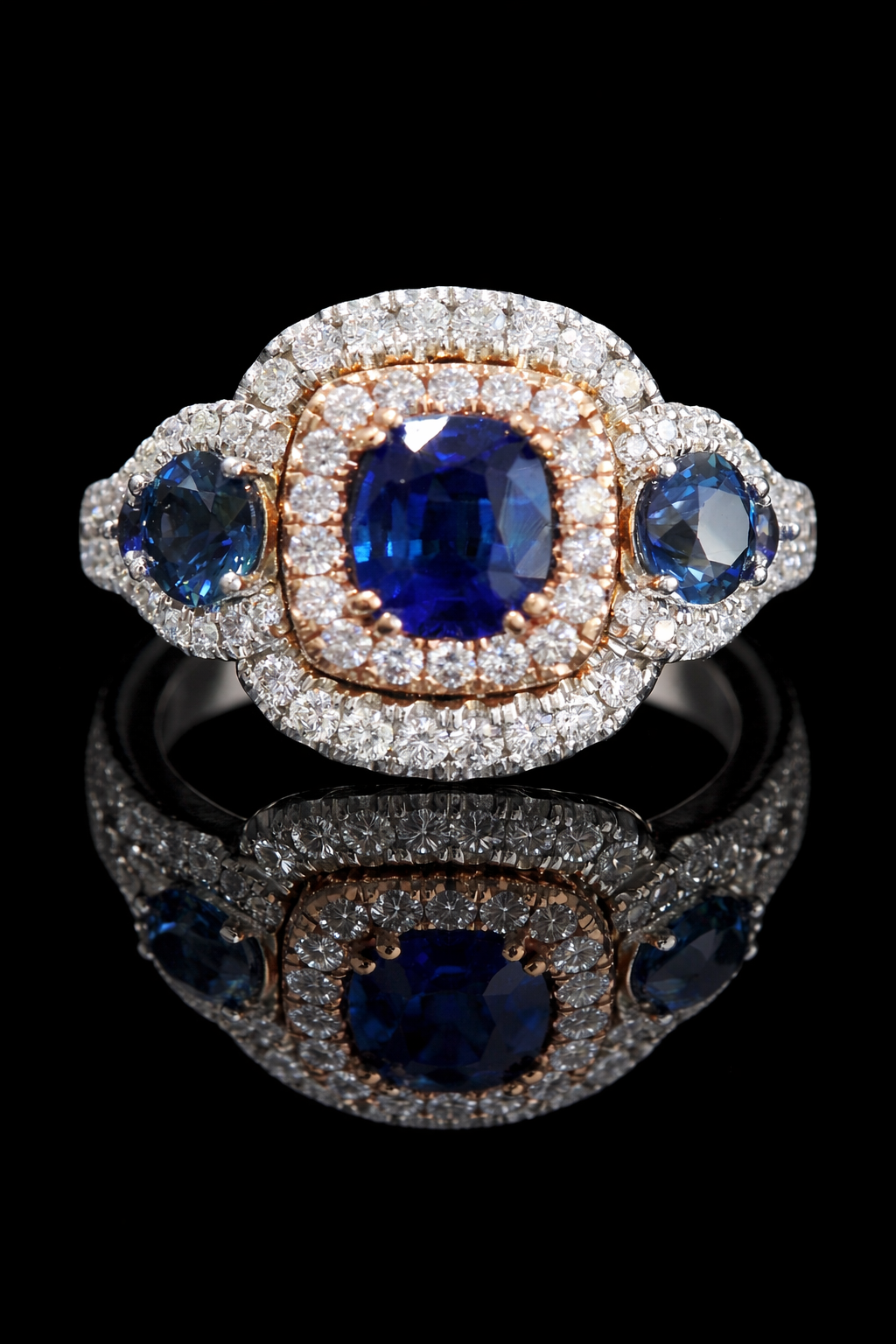 Natural Sapphire Double Halo Three-Stone Ring 2.8ct Rose & White Gold Houston Jeweler 