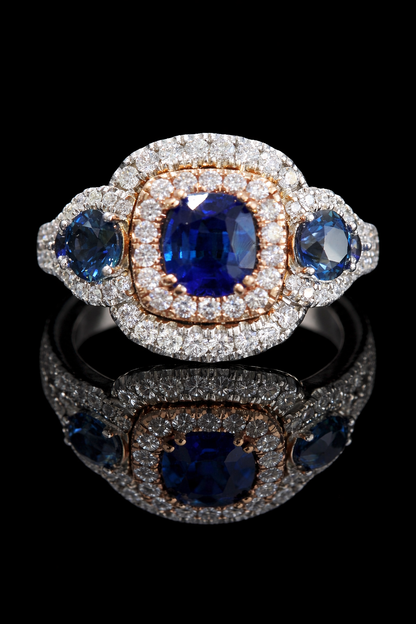 Natural Sapphire Double Halo Three-Stone Ring 2.8ct Rose & White Gold Houston Jeweler 