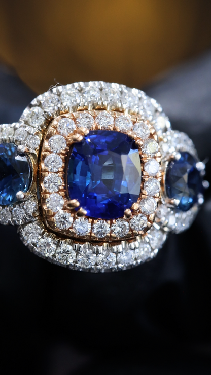 Natural Sapphire Double Halo Three-Stone Ring 2.8ct Rose & White Gold Houston Jeweler 