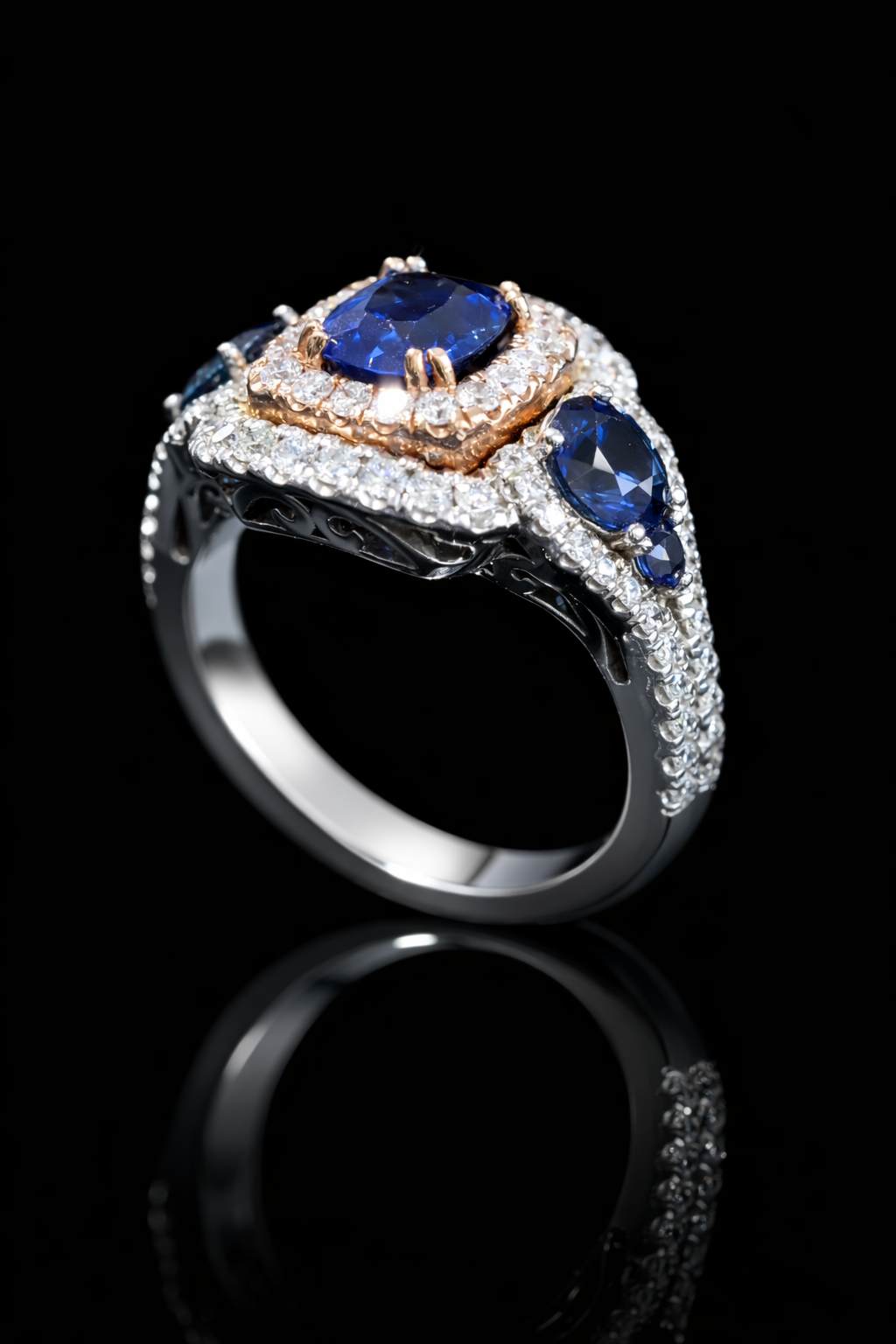 Natural Sapphire Double Halo Three-Stone Ring 2.8ct Rose & White Gold Houston Jeweler 