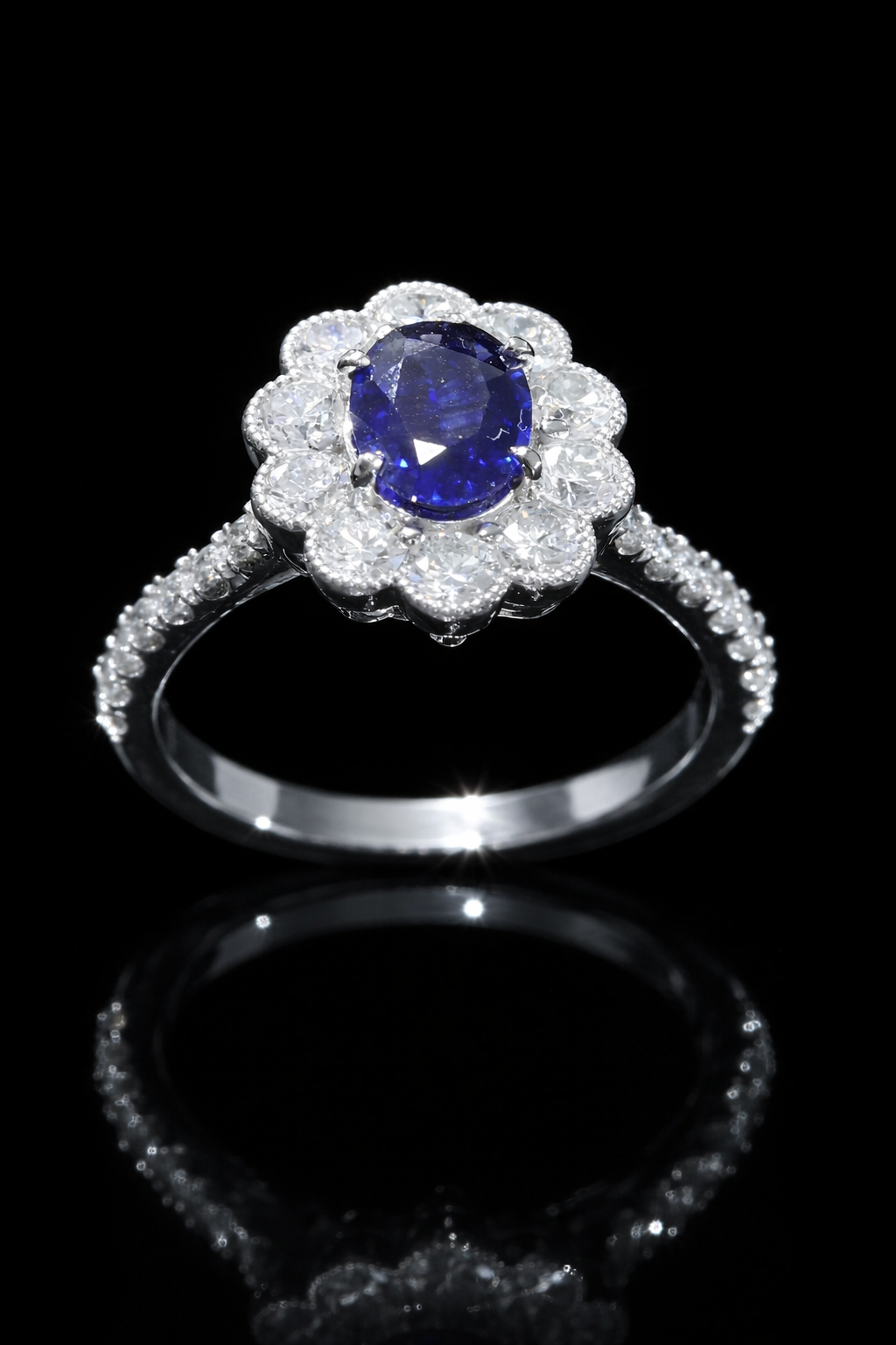 Natural Sapphire Diamond Floral Halo Ring 14K White Gold | 0.78 CT Houston Jeweler