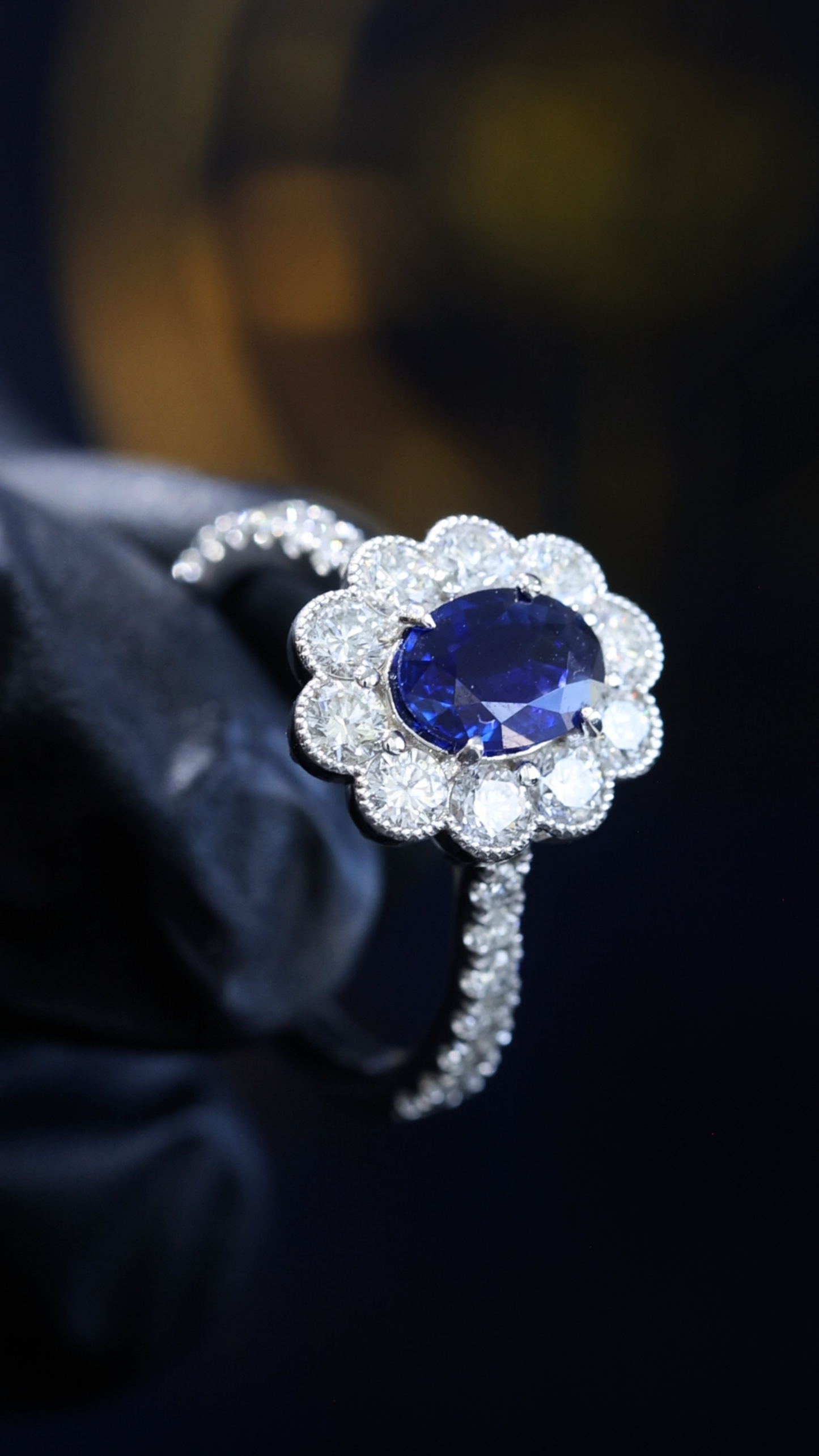 Natural Sapphire Diamond Floral Halo Ring 14K White Gold | 0.78 CT Houston Jeweler