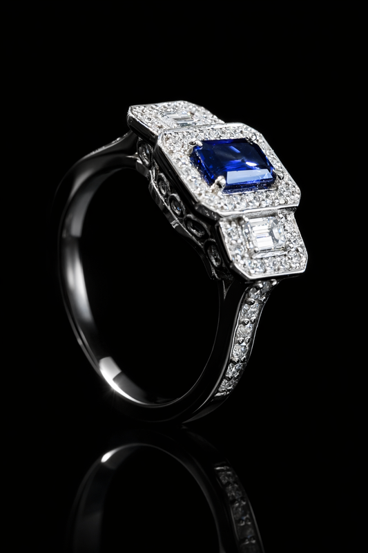 Natural Sapphire Double Halo Diamond Ring 14K White Gold | 0.90 CT Houston jeweler 