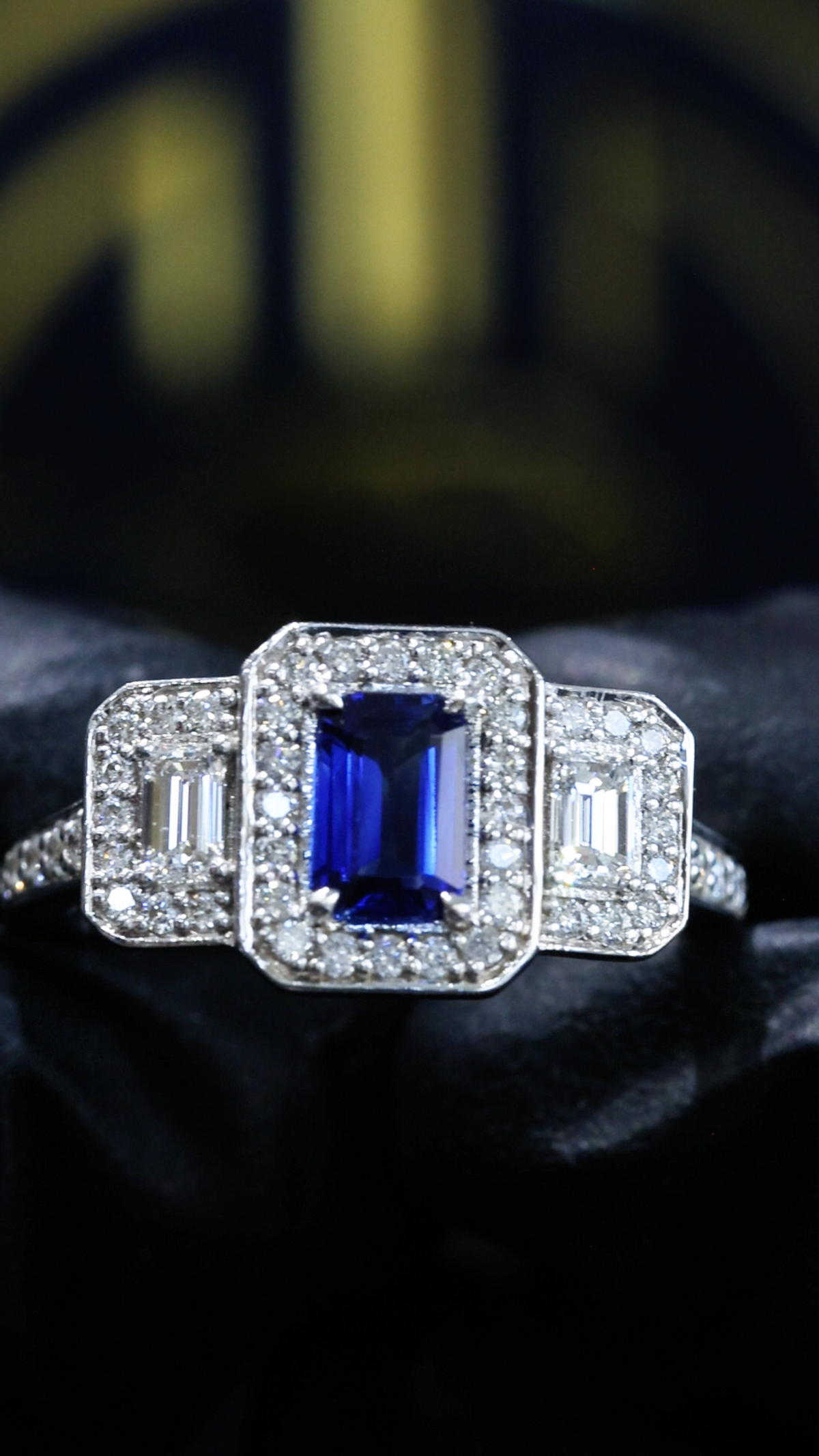 Natural Sapphire Double Halo Diamond Ring 14K White Gold | 0.90 CT Houston jeweler 