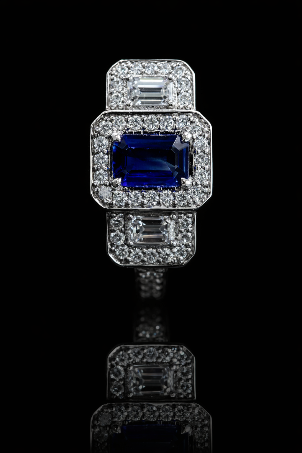 Natural Sapphire Double Halo Diamond Ring 14K White Gold | 0.90 CT Houston jeweler 