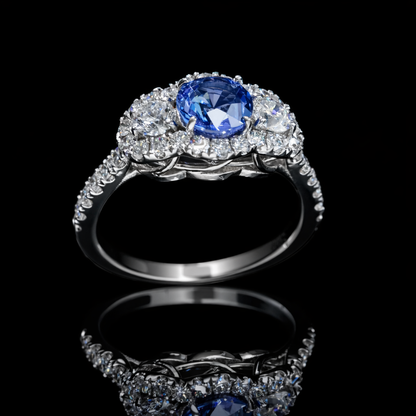 Natural Sapphire Three-Stone Diamond Halo Ring 14K White Gold | 0.90 CT houston jeweler