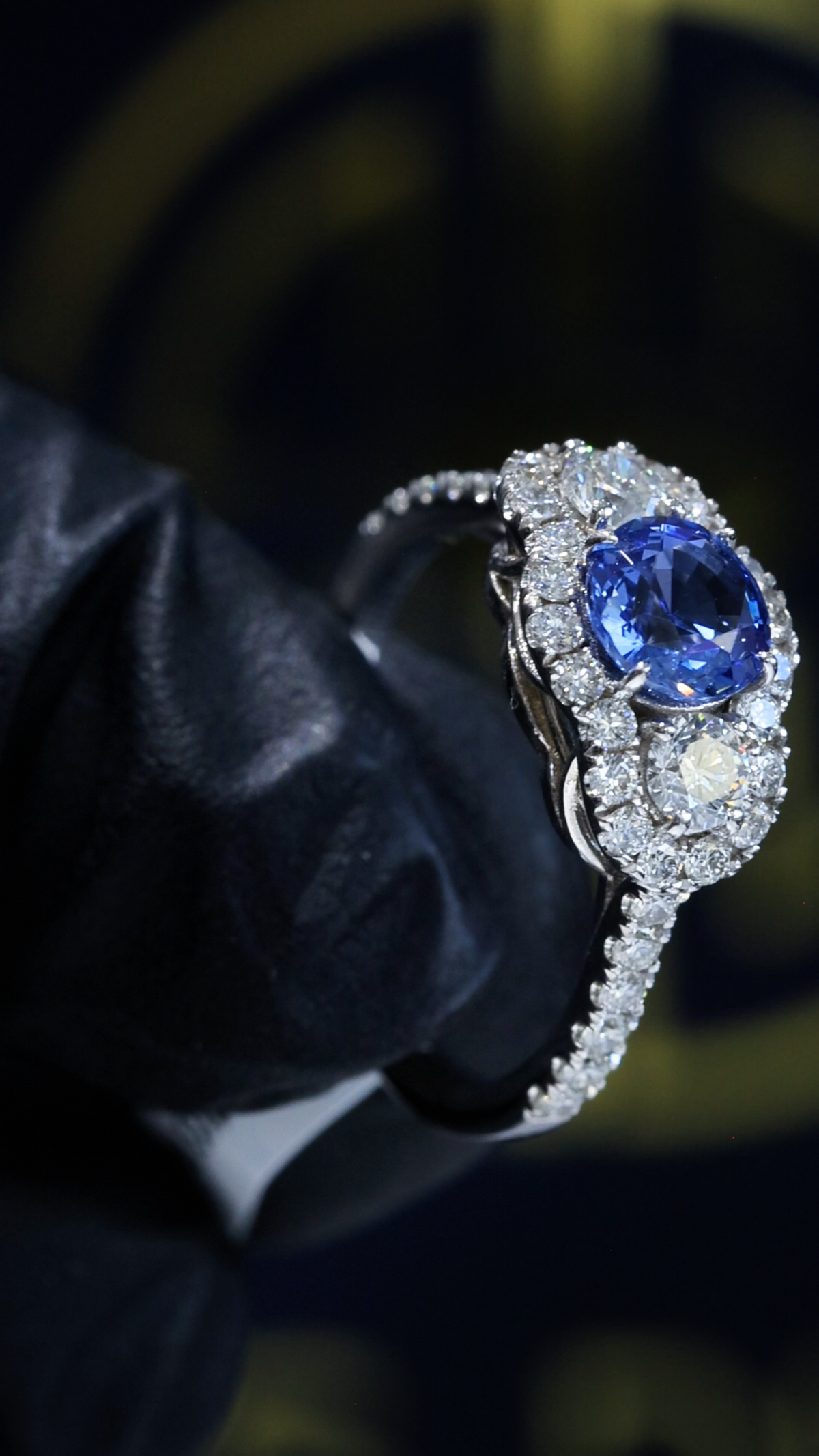 Natural Sapphire Three-Stone Diamond Halo Ring 14K White Gold | 0.90 CT houston jeweler