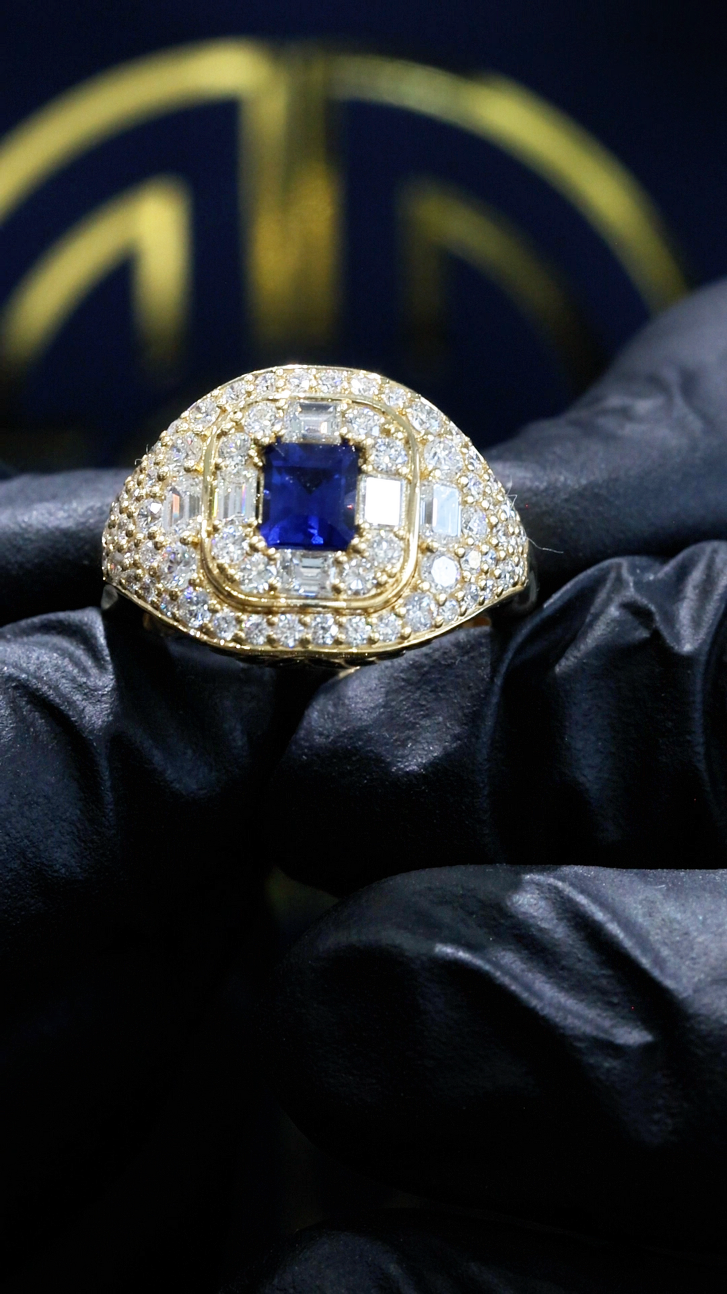 14K yellow gold cushion cut sapphire halo cluster ring with 1.71 carat diamonds Houston TX fine jewelry statement ring