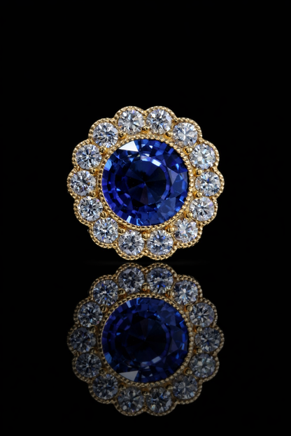 Natural Sapphire Diamond Halo Flower Ring 14K Yellow Gold | 0.92 CT houston jeweler
