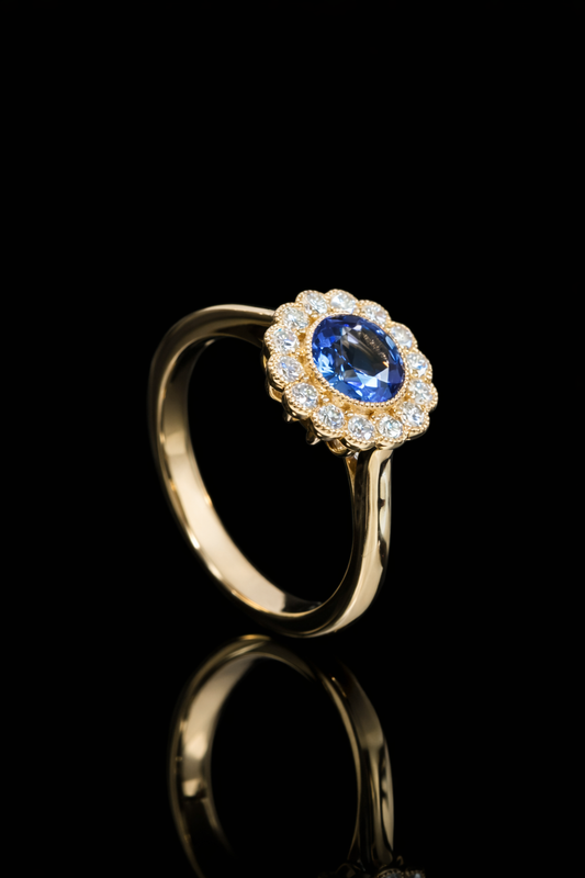 Natural Sapphire Diamond Halo Flower Ring 14K Yellow Gold | 0.92 CT houston jeweler