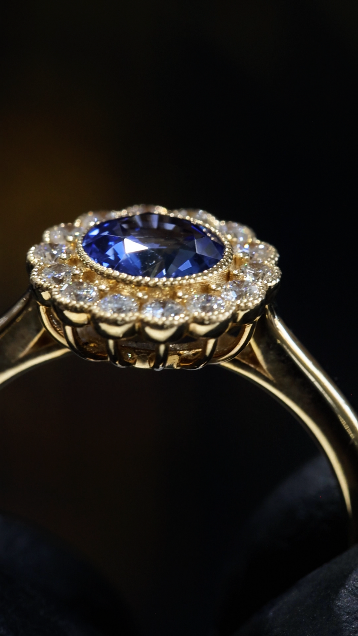 Natural Sapphire Diamond Halo Flower Ring 14K Yellow Gold | 0.92 CT houston jeweler