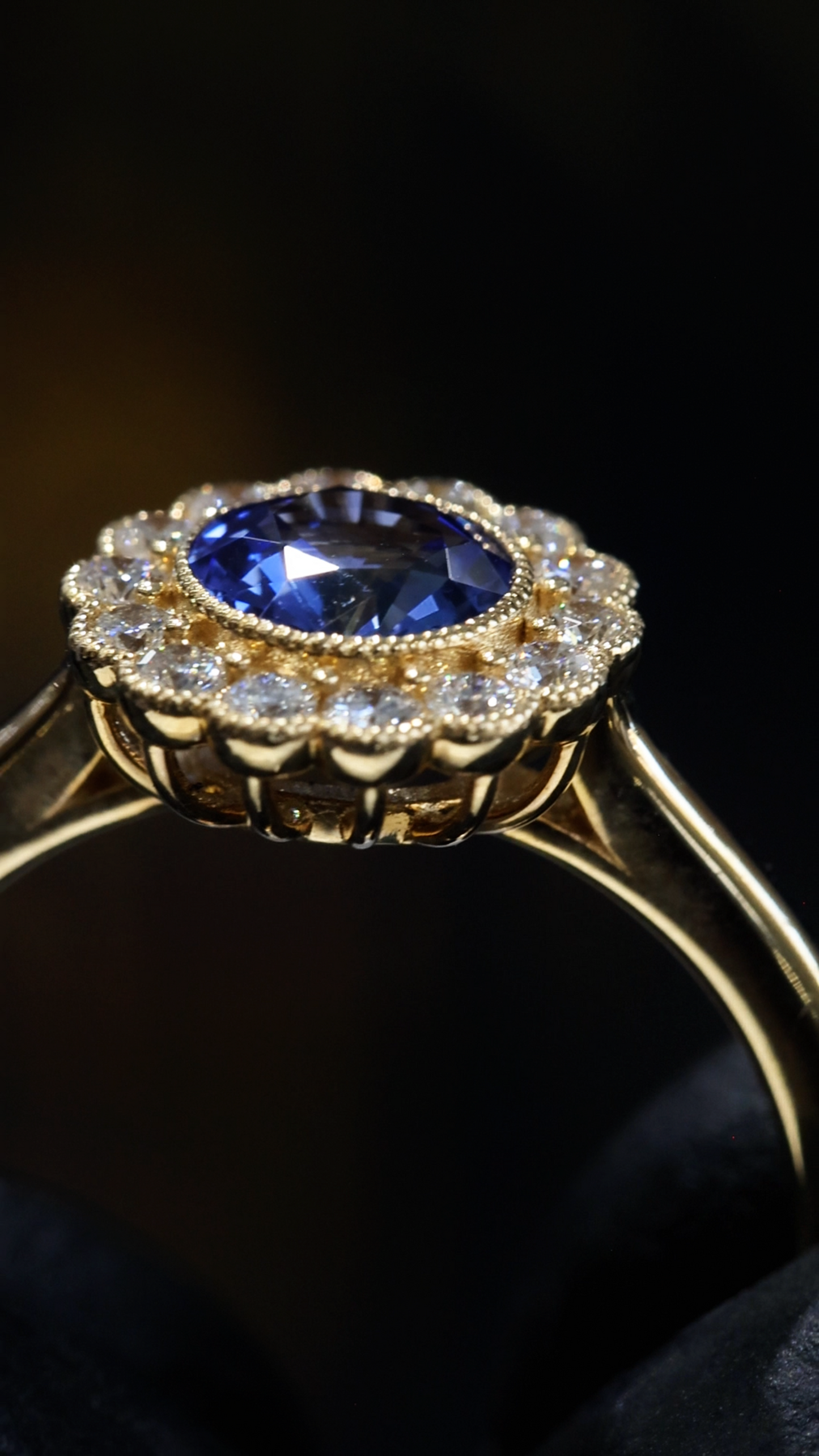 Natural Sapphire Diamond Halo Flower Ring 14K Yellow Gold | 0.92 CT houston jeweler