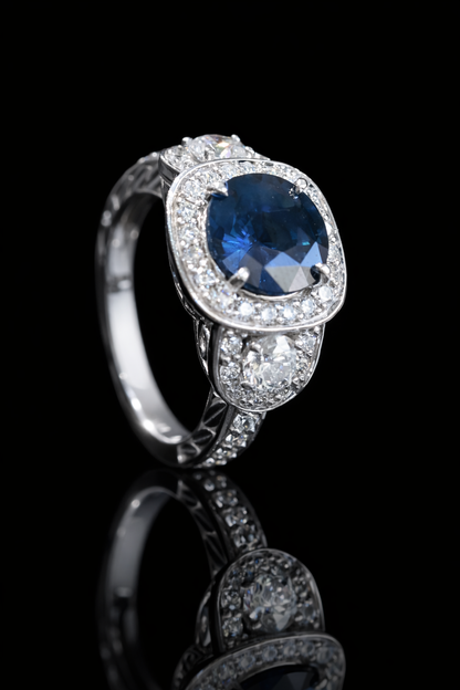 Natural Diamond ring with a blue sapphire gemstone 2.17ct Houston Jeweler 14k White Gold