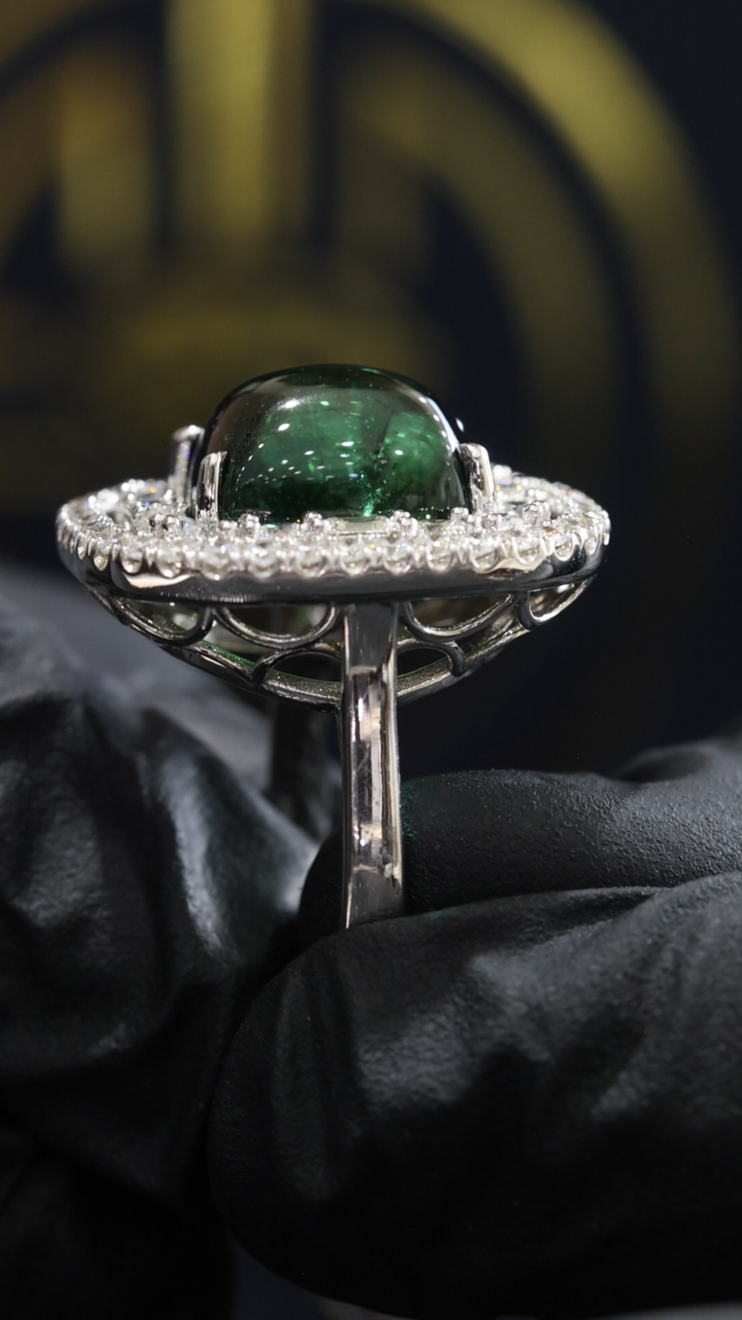 Emerald-Cut Green Tourmaline Halo Ring in White Gold | Double Diamond Halo & Baguette Accents
