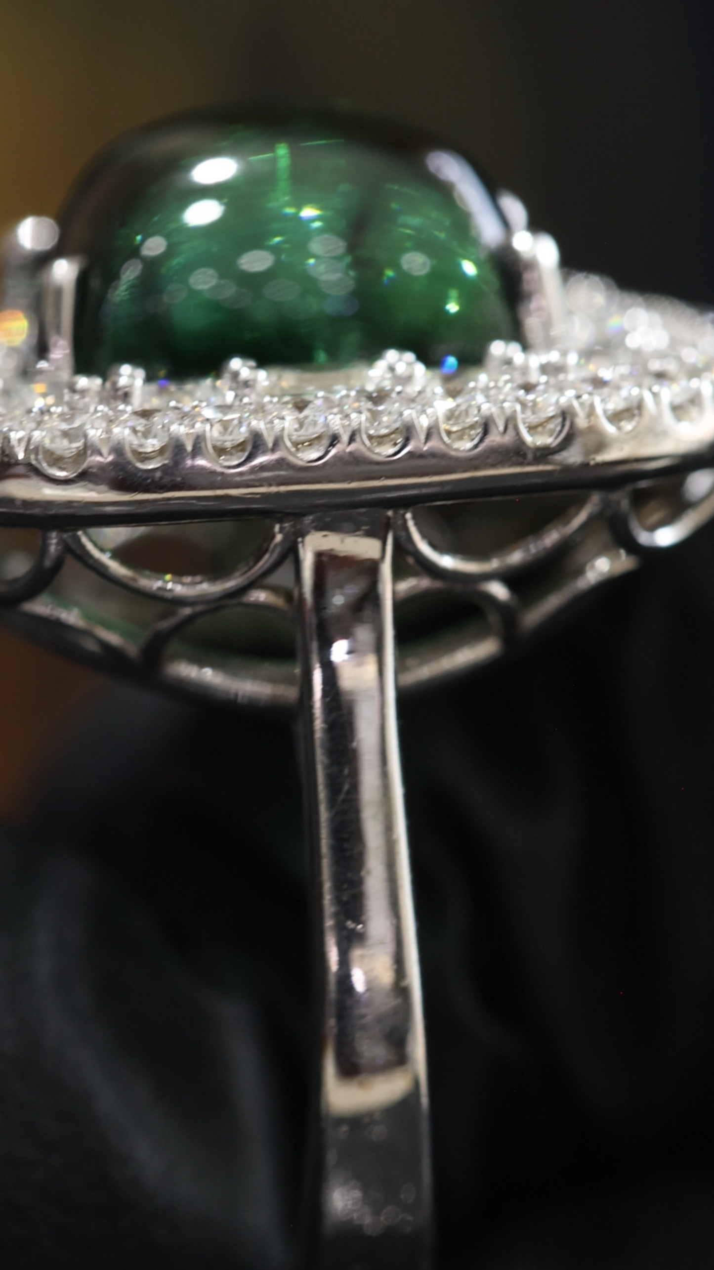 Emerald-Cut Green Tourmaline Halo Ring in White Gold | Double Diamond Halo & Baguette Accents