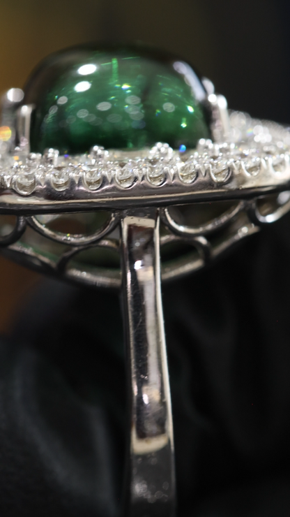 Emerald-Cut Green Tourmaline Halo Ring in White Gold | Double Diamond Halo & Baguette Accents
