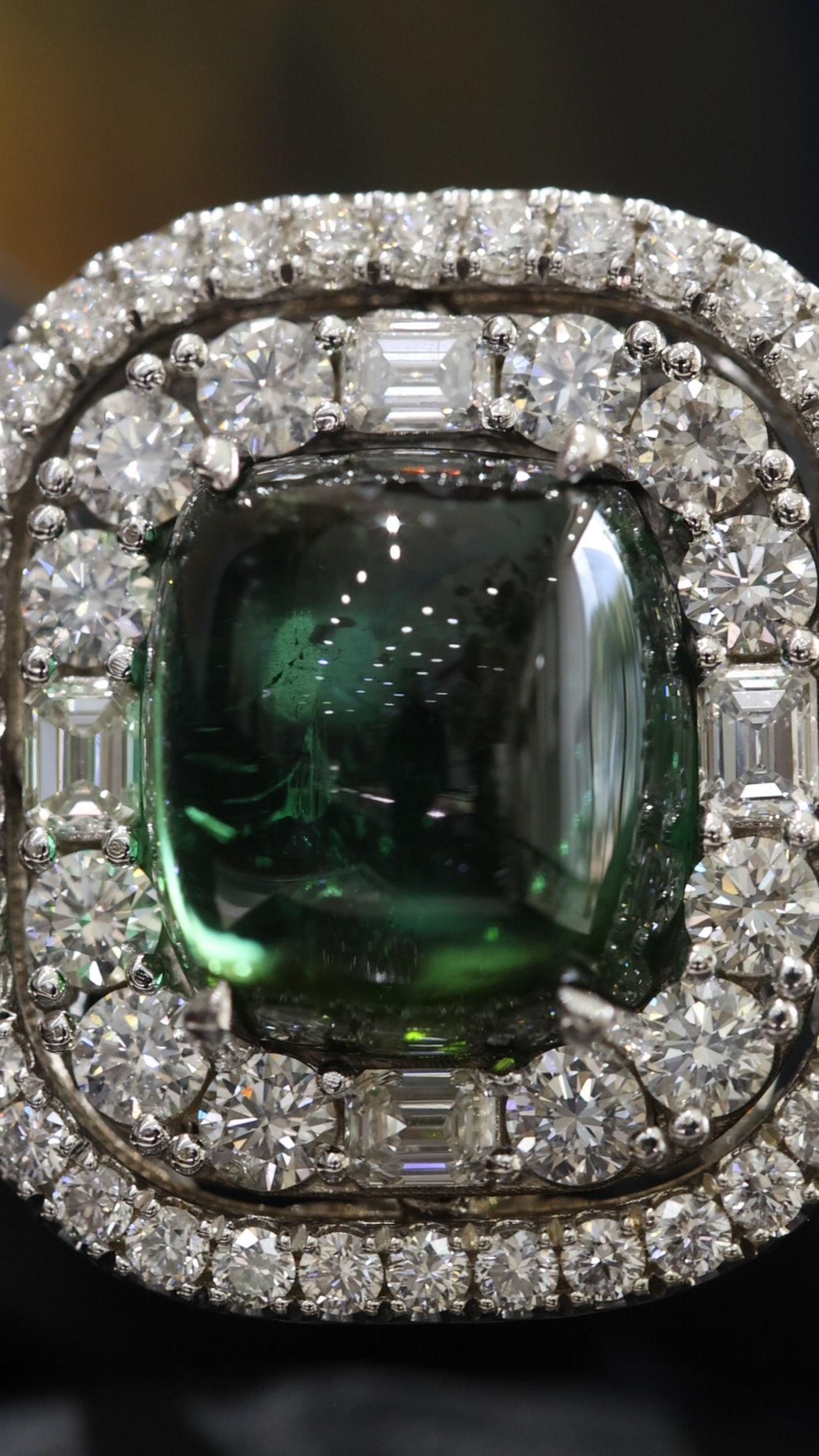 Emerald-Cut Green Tourmaline Halo Ring in White Gold | Double Diamond Halo & Baguette Accents