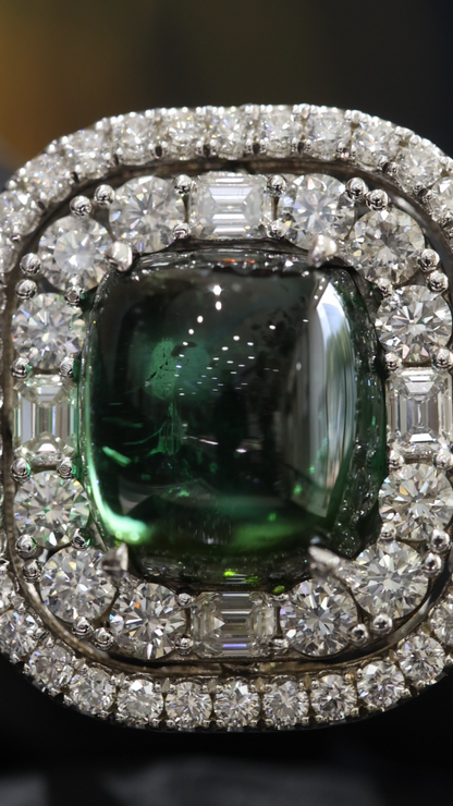 Emerald-Cut Green Tourmaline Halo Ring in White Gold | Double Diamond Halo & Baguette Accents