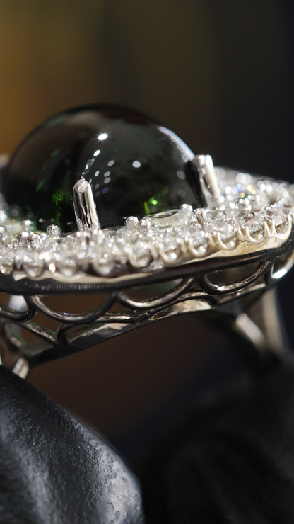 Emerald-Cut Green Tourmaline Halo Ring in White Gold | Double Diamond Halo & Baguette Accents
