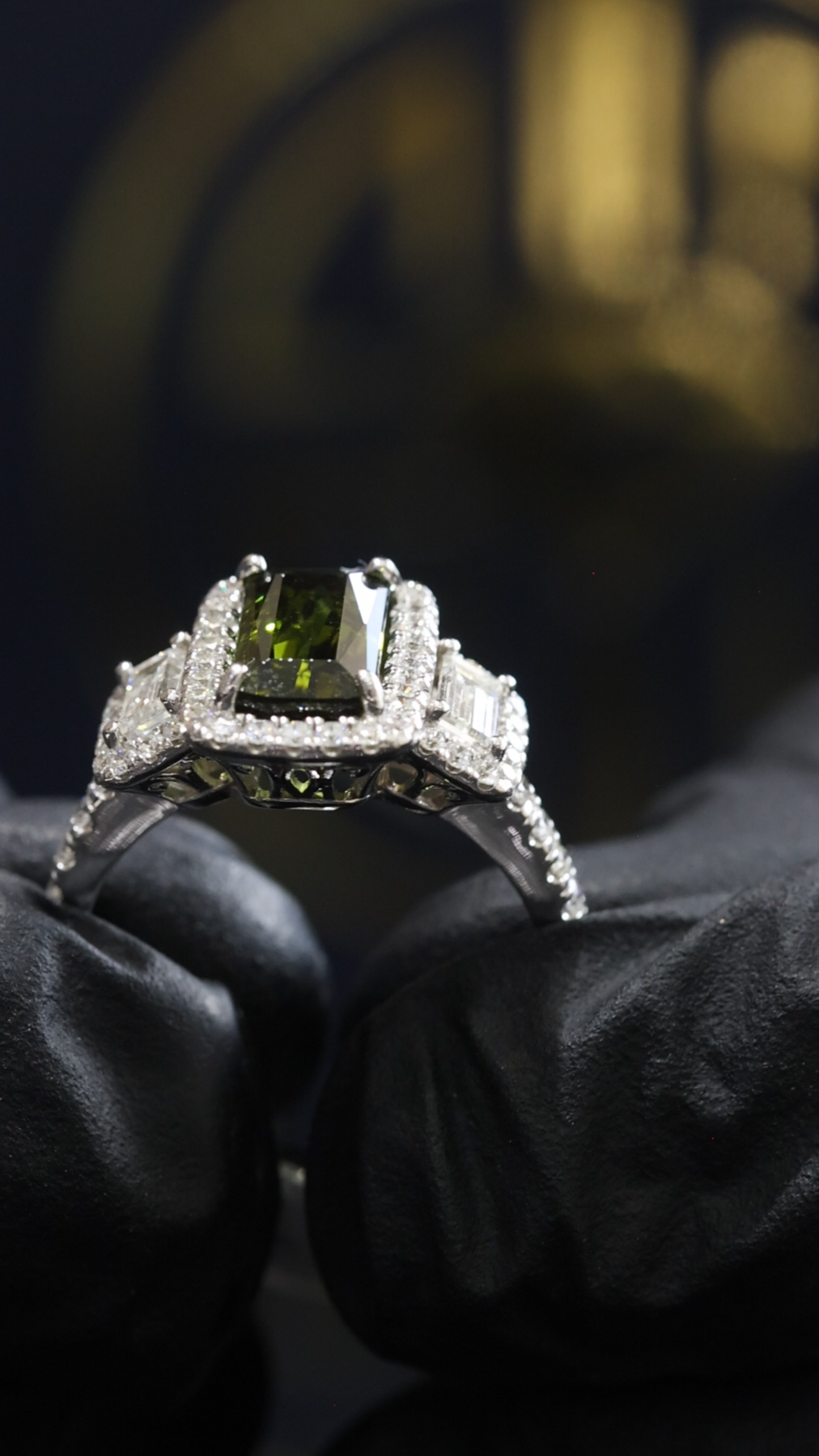 Emerald-Cut Green Tourmaline Halo Ring in White Gold | Diamond Accents & Elegant Setting
