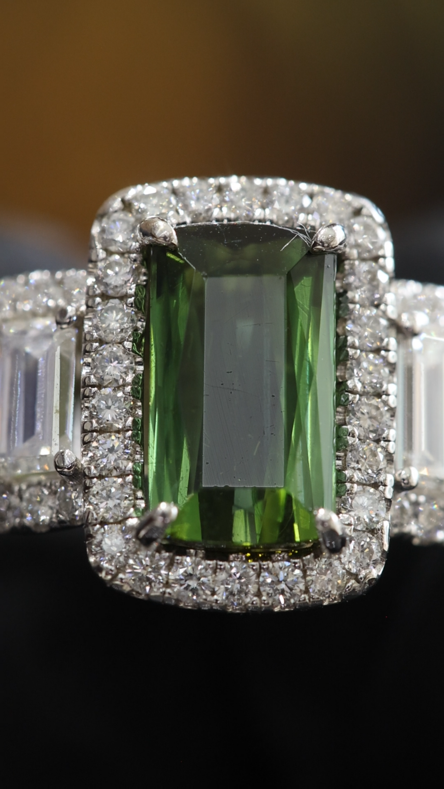 Emerald-Cut Green Tourmaline Halo Ring in White Gold | Diamond Accents & Elegant Setting
