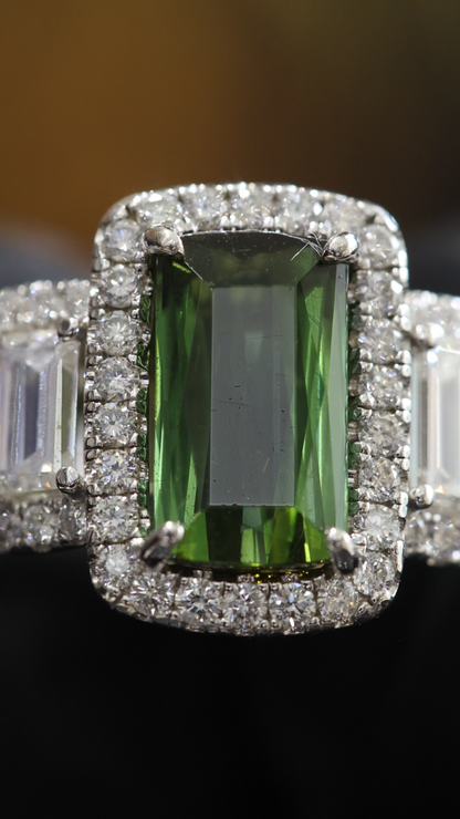 Emerald-Cut Green Tourmaline Halo Ring in White Gold | Diamond Accents & Elegant Setting