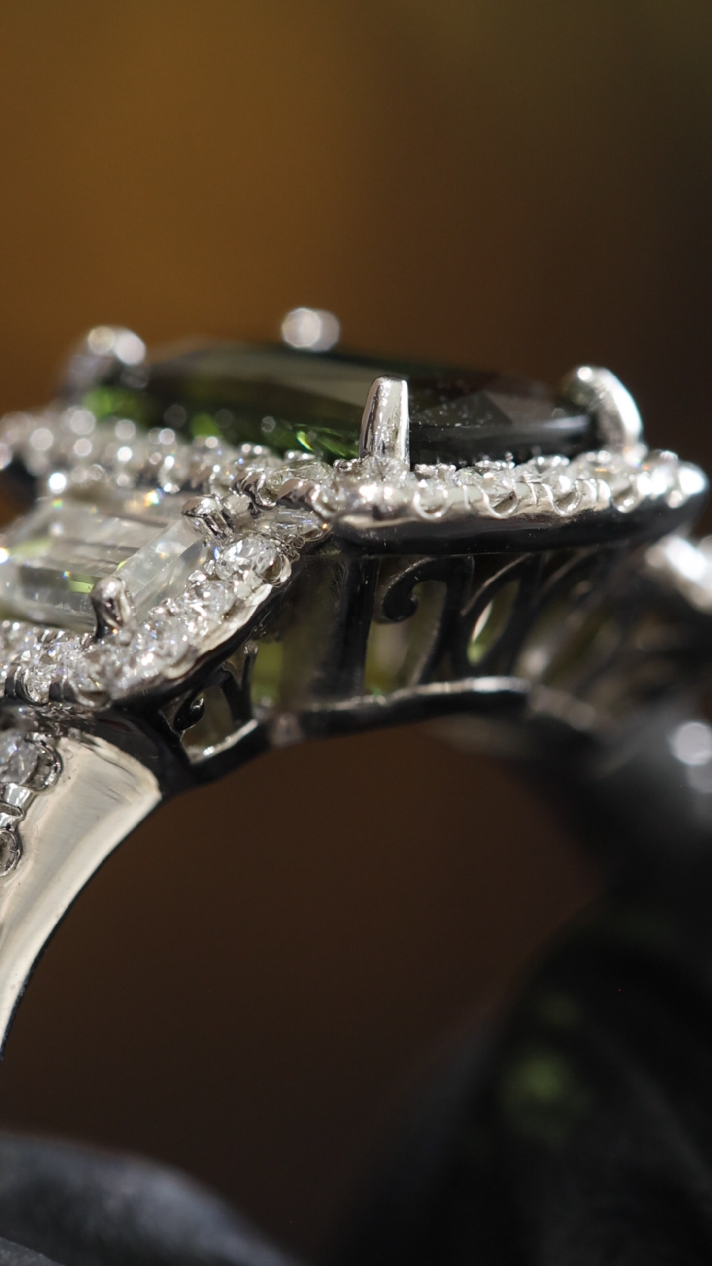 Emerald-Cut Green Tourmaline Halo Ring in White Gold | Diamond Accents & Elegant Setting