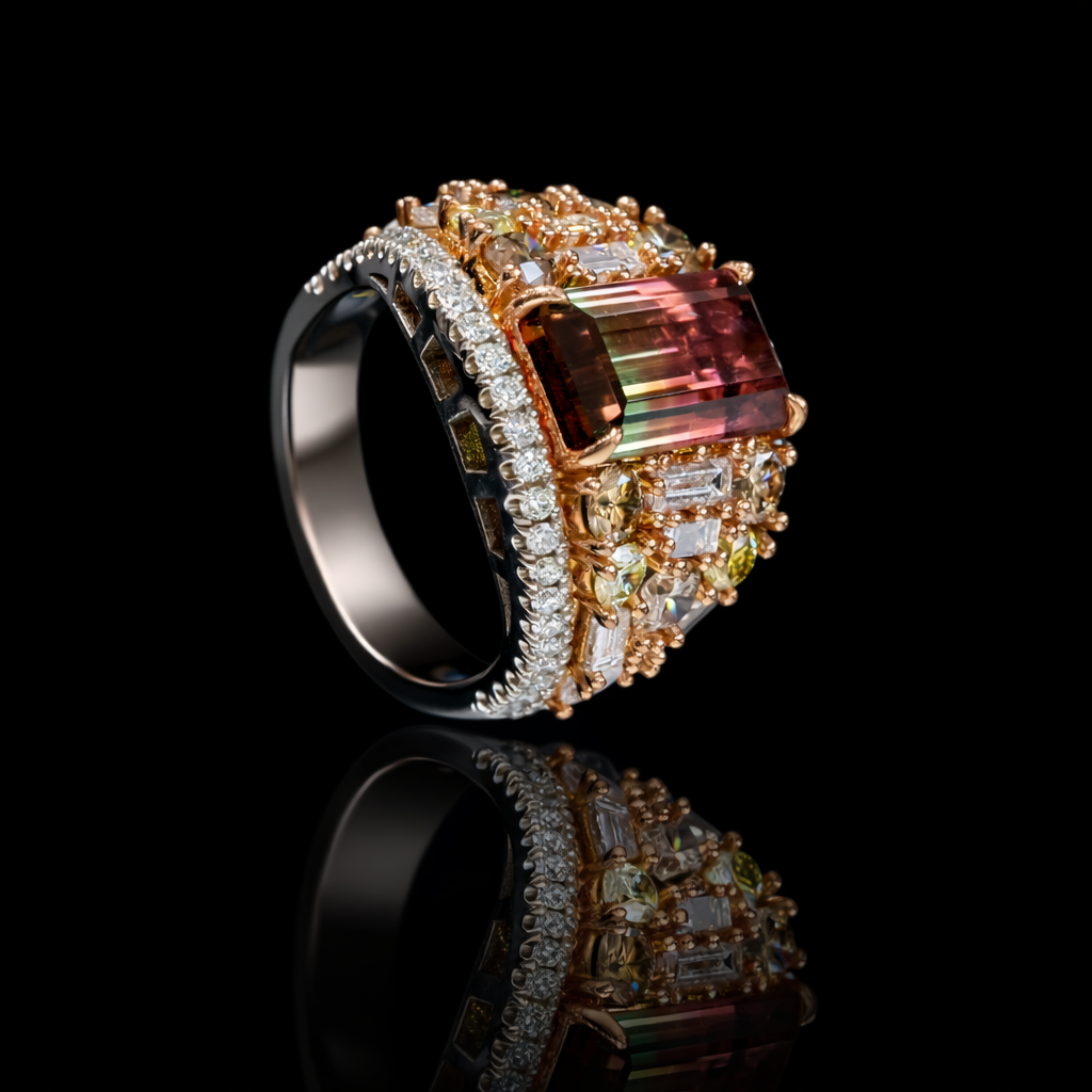 Natural Tourmaline & Diamond Halo Cluster Ring 14K White Gold | 4.61 CT houston jeweler